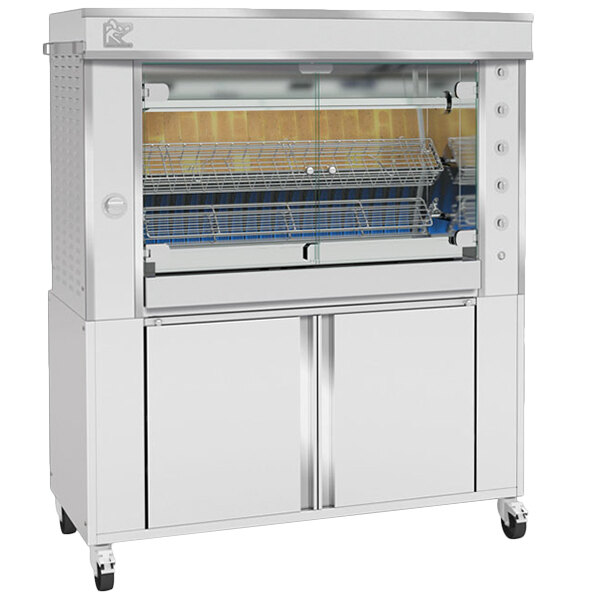 A large stainless steel Rotisol rotisserie oven with a glass door.