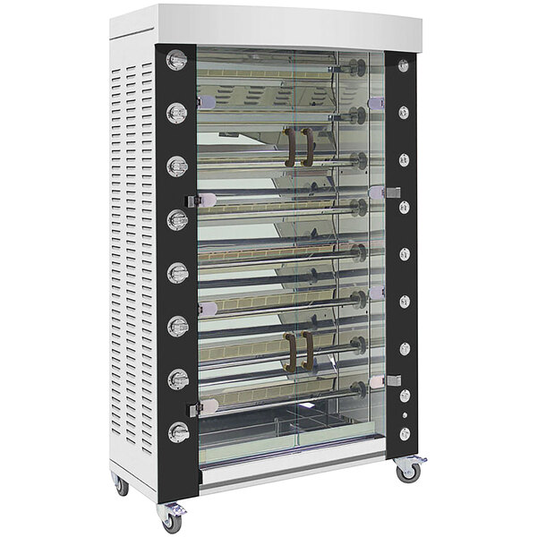 A large stainless steel Rotisol FlamBoyant liquid propane rotisserie with 8 spits.