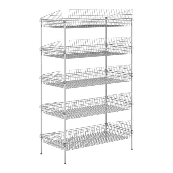 A Regency metal shelving unit with 5 wire baskets.
