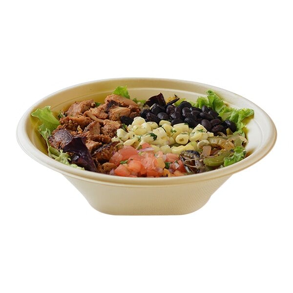 A Fineline bagasse bowl filled with salad, beans, and corn on a white background.