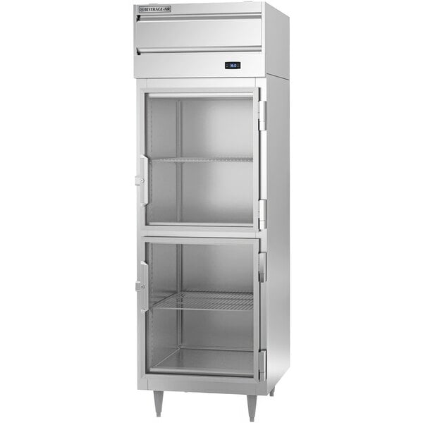 A Beverage-Air reach-in refrigerator with glass half doors on a white background.