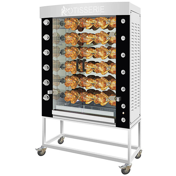 A Rotisol France liquid propane rotisserie oven with racks of chicken on it.