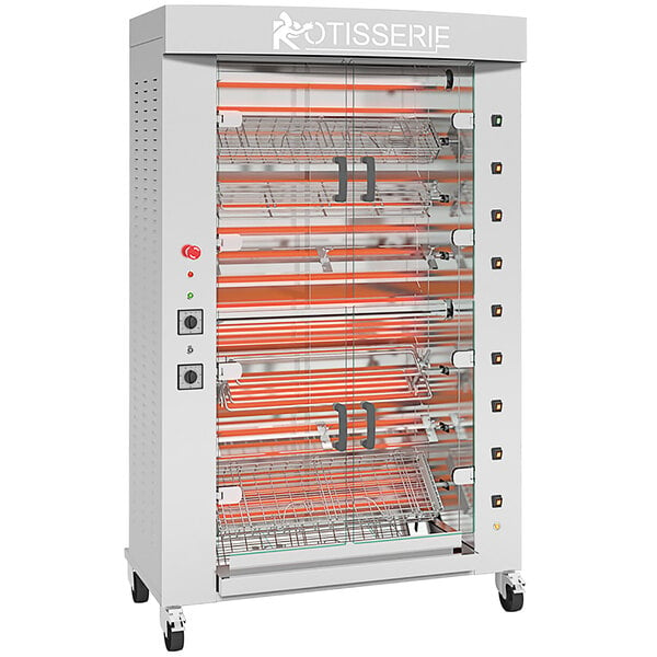 A stainless steel Rotisol-France electric rotisserie with 8 spits.