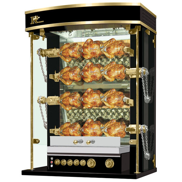 A large black Rotisol-France liquid propane rotisserie with brass accents and chicken on 4 spits.