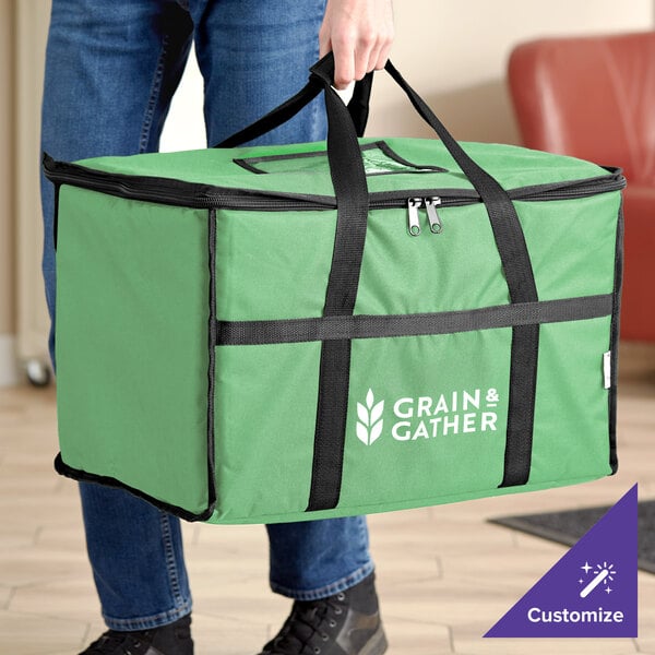 Choice Insulated 23" x 13" x 15" Customizable Green Nylon Food Delivery Bag / Pan Carrier - Holds up to (5) 2 1/2" Deep Full Size Pans