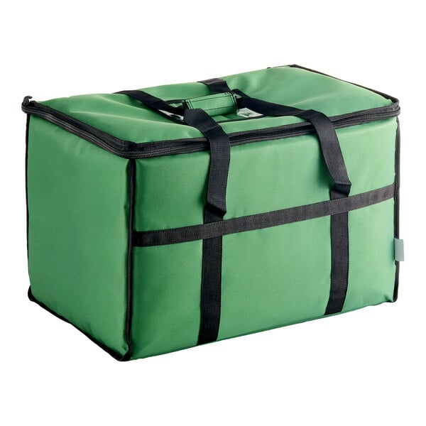 A large green rectangular insulated bag with black handles and trim, designed for carrying items.