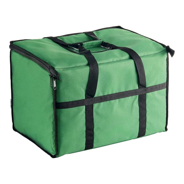 A large green rectangular insulated bag with black handles and a zipper closure.
