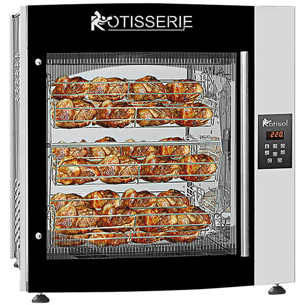 The Rotisol-France Roti-Roaster Electric Rotisserie with 8 Baskets filled with roasted chickens.