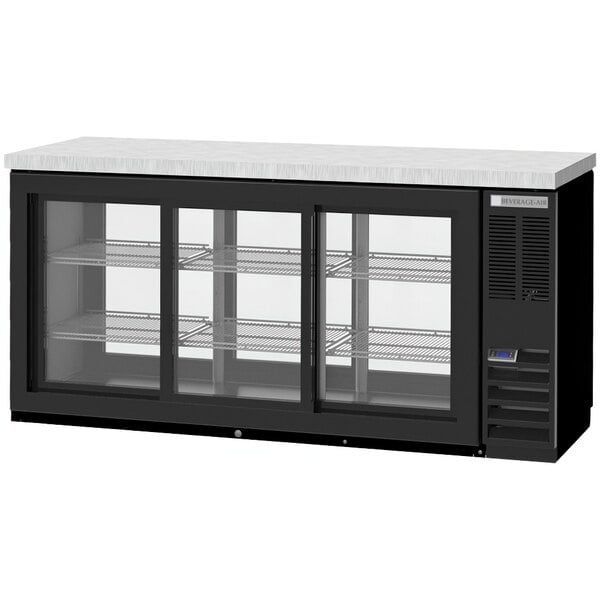 A Beverage-Air black back bar refrigerator with glass doors on two shelves.