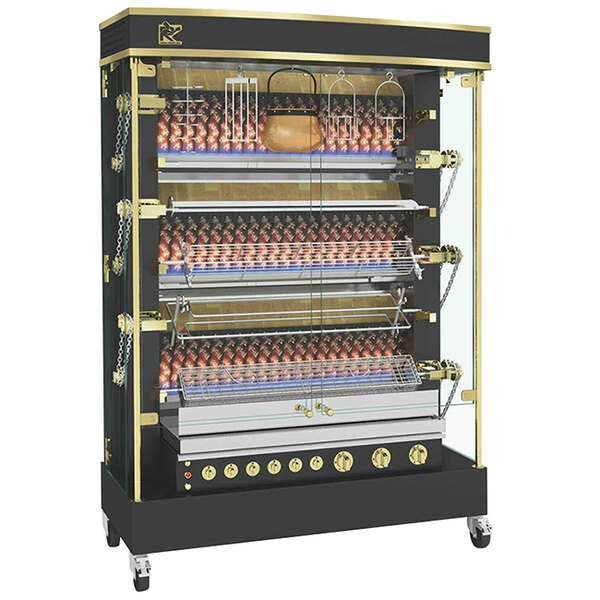 A large black and gold Rotisol rotisserie with six spits.