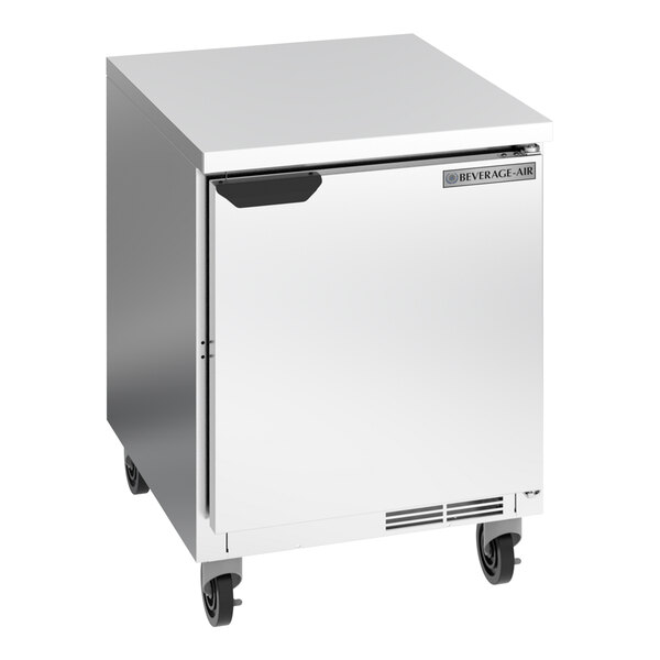 A Beverage-Air stainless steel worktop refrigerator with wheels.