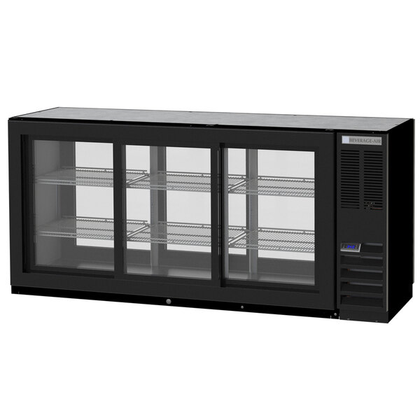 A black Beverage-Air back bar refrigerator with glass sliding doors.