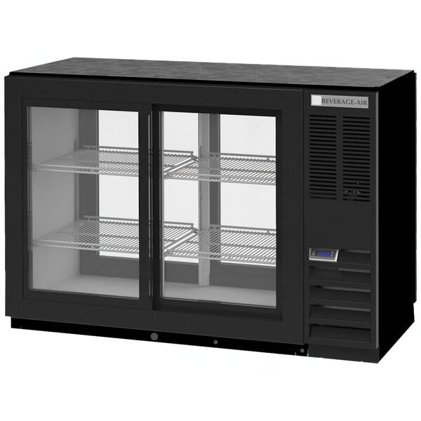 A black Beverage-Air back bar cooler with glass doors.