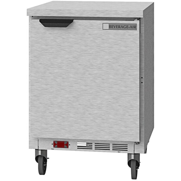A Beverage-Air silver stainless steel worktop freezer with a black handle.