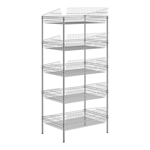 A metal rack with 5 baskets on it.