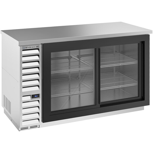 A silver Beverage-Air back bar refrigerator with two glass doors.