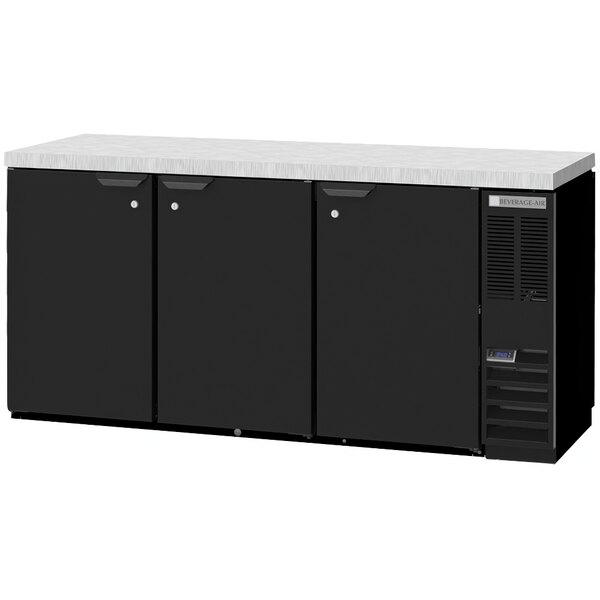 A black Beverage-Air back bar refrigerator with three doors.