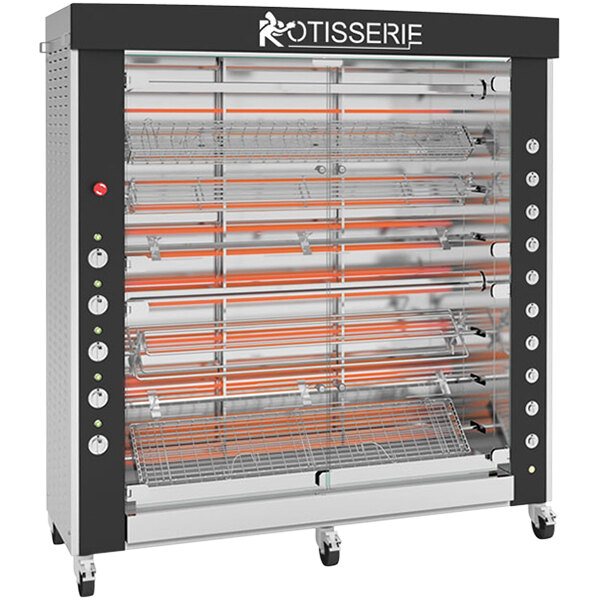 A large black and silver Rotisol-France electric rotisserie with glass doors.