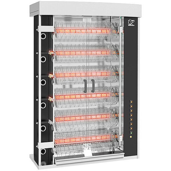 A large black and silver Rotisol-France natural gas rotisserie with 6 spits.