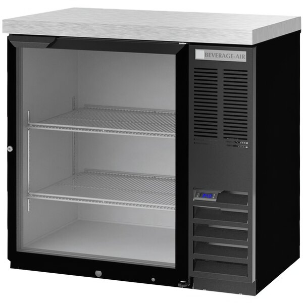 A black Beverage-Air back bar refrigerator with glass doors.