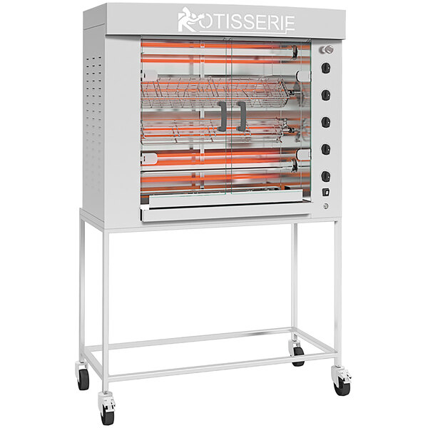 A stainless steel Rotisol FlamBoyant electric rotisserie oven with 4 spits.