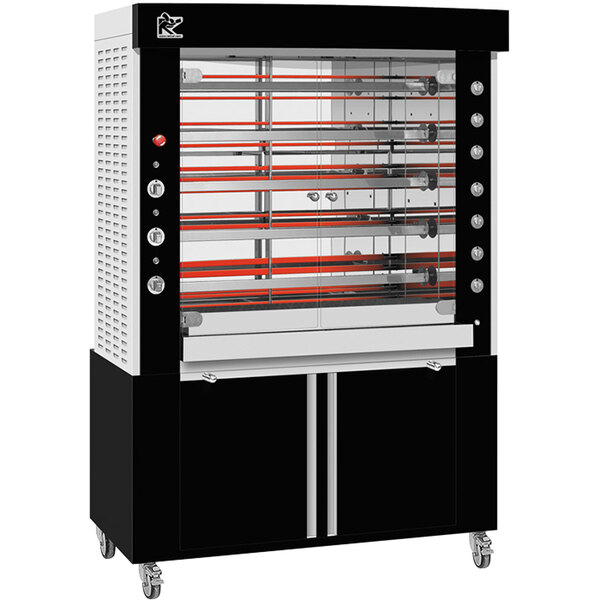 A black and white electric Rotisol-France rotisserie with red lines.