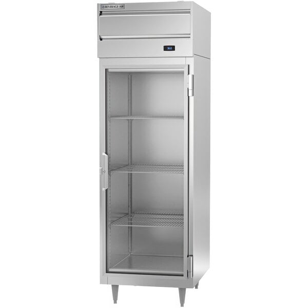 A Beverage-Air glass door reach-in refrigerator with shelves.