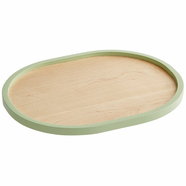 A Cal-Mil maple wood serving tray with a matcha green rim.