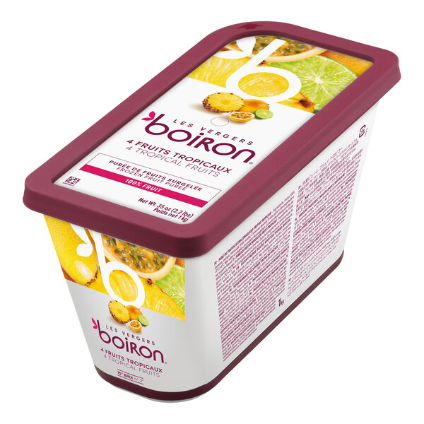 A rectangular container of Les Vergers Boiron Tropical Fruits 100% Fruit Puree weighing 2.2 pounds.