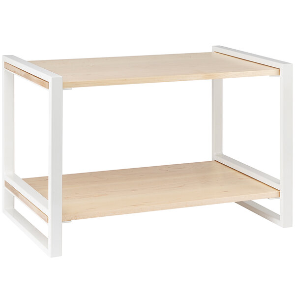 A Cal-Mil blonde maple wood two tier riser on a table with two shelves.