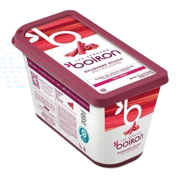 A rectangular container of Les Vergers Boiron Red Rhubarb 100% fruit puree weighing 2.2 lb.