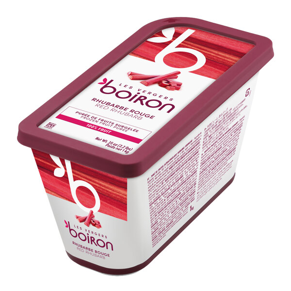 A rectangular container of Les Vergers Boiron Rhubarb 100% Fruit Puree weighing 2.2 lb.