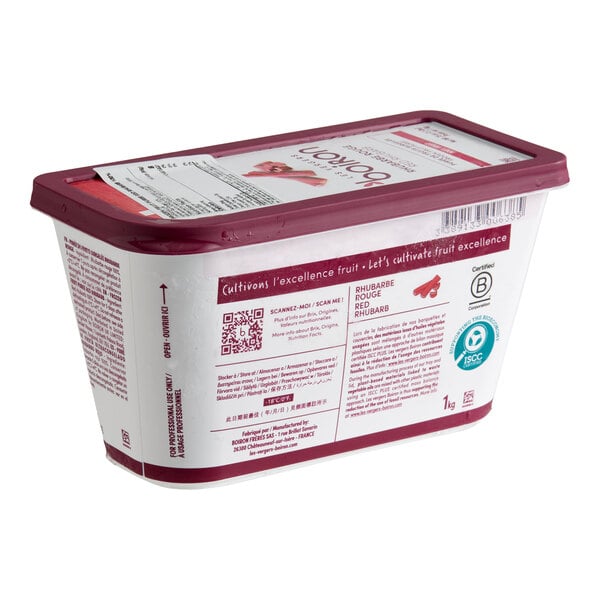 A rectangular plastic container of Les Vergers Boiron Rhubarb 100% Fruit Puree weighing 2.2 pounds.