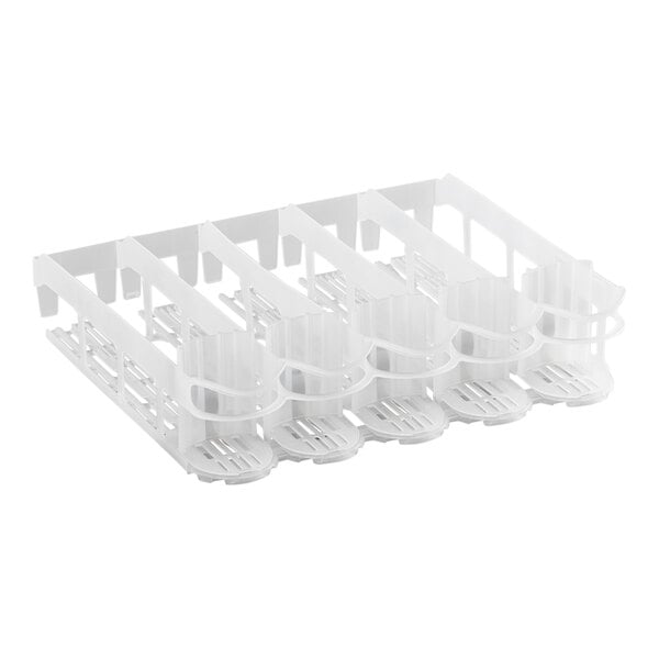 A white plastic 5 lane pusher bottle organizer rack.