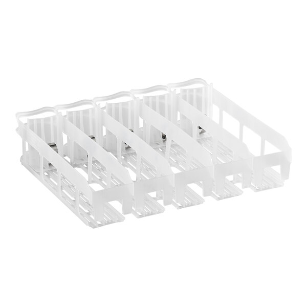 A white plastic tray with 5 lanes and holes for bottles and cans.
