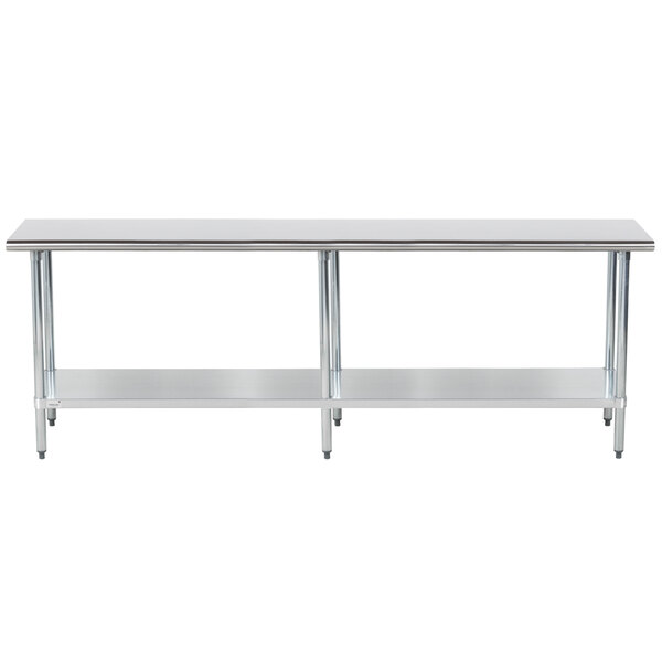 A long metal Advance Tabco work table with a galvanized undershelf.