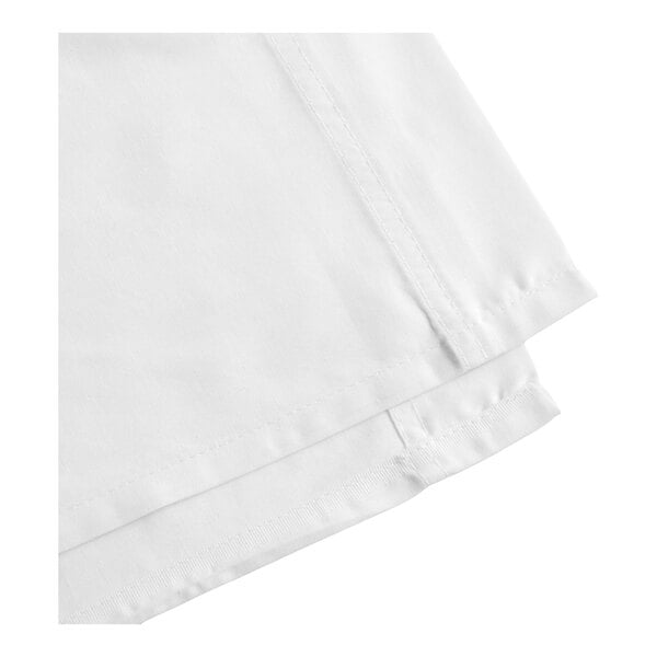 A white queen size flat sheet made of a cotton and polyester blend fabric.