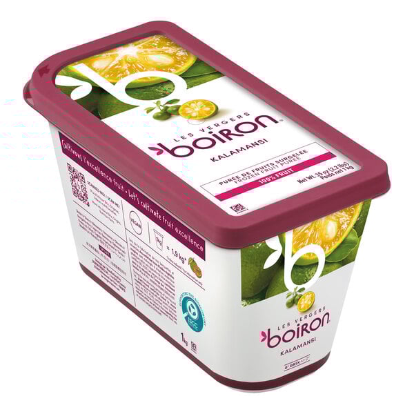 A rectangular container of Les Vergers Boiron Kalamansi 100% fruit puree weighing 2.2 pounds.