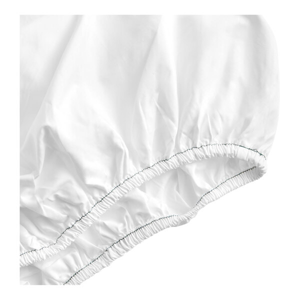 A white queen size fitted sheet with elastic edges, made from a cotton and polyester blend.