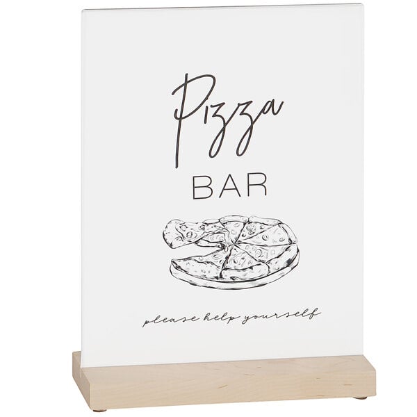 A Cal-Mil maple wood card holder with a drawing of a pizza on it.