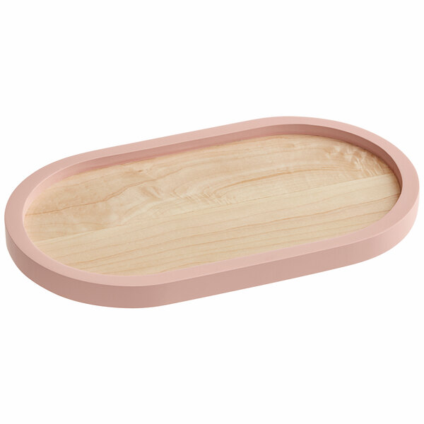 A Cal-Mil maple wood serving tray with a blush colored rim.