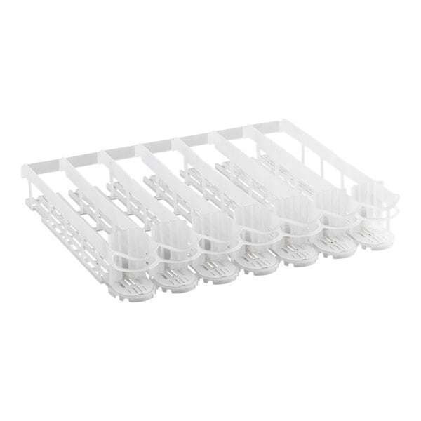 A white plastic 7 lane rack with holes for bottles and cans.
