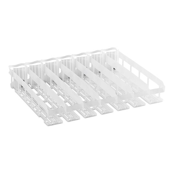 A white plastic 7-lane bottle organizer rack with holes.
