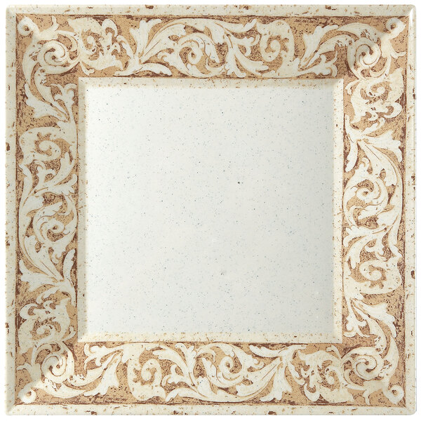 A white square plate with a brown frame.