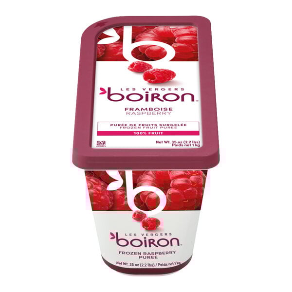 A container of Les Vergers Boiron frozen raspberry puree, 2.2 lb.
