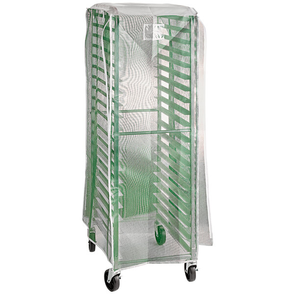 A green mesh Curtron bun pan rack cover with white straps.