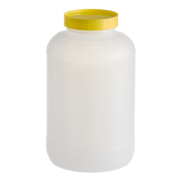 A large translucent plastic container with a yellow screw-on cap.
