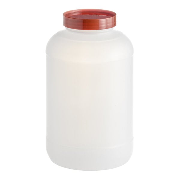 A one-gallon plastic backup container with a brown cap.