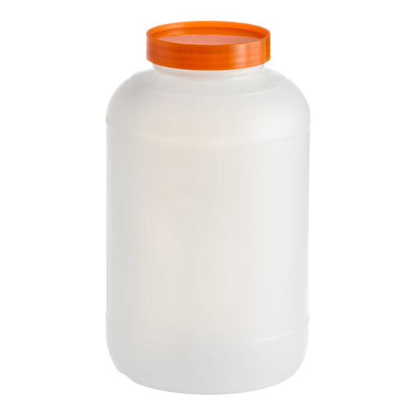 A large white plastic container with an orange screw-on cap.