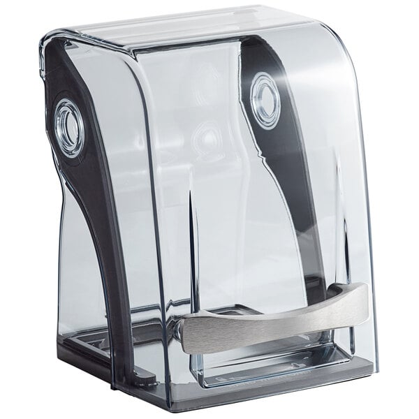 A clear plastic container with a silver handle.